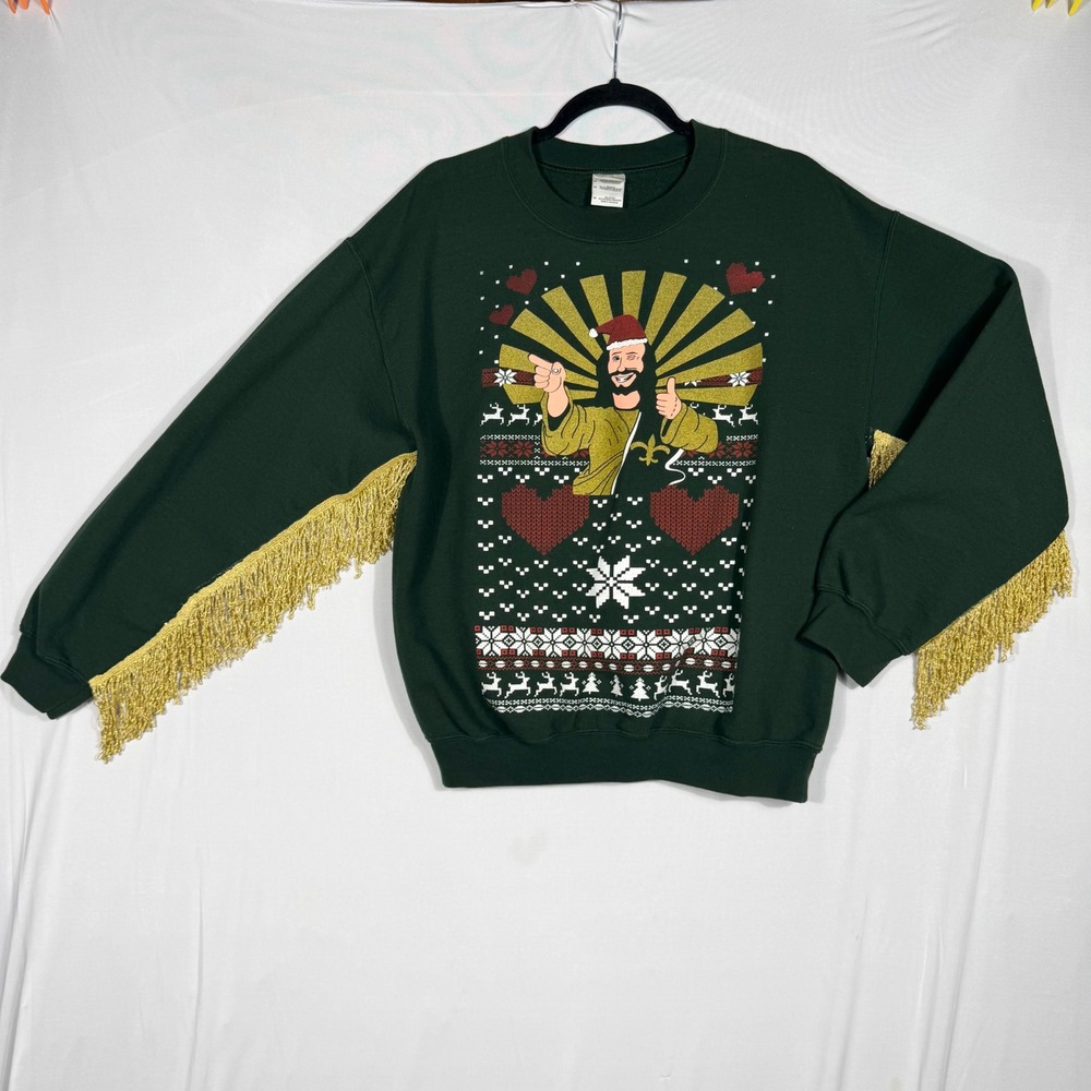 Jesus Ugly Christmas Sweatshirt Tinsel Fringe Sleeves Med Green Gold Custom Y2K